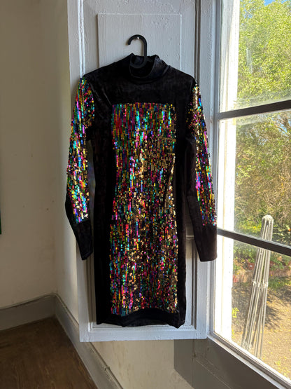 Vintage Black Velvet Sequin Turtleneck Dress — additional view 10