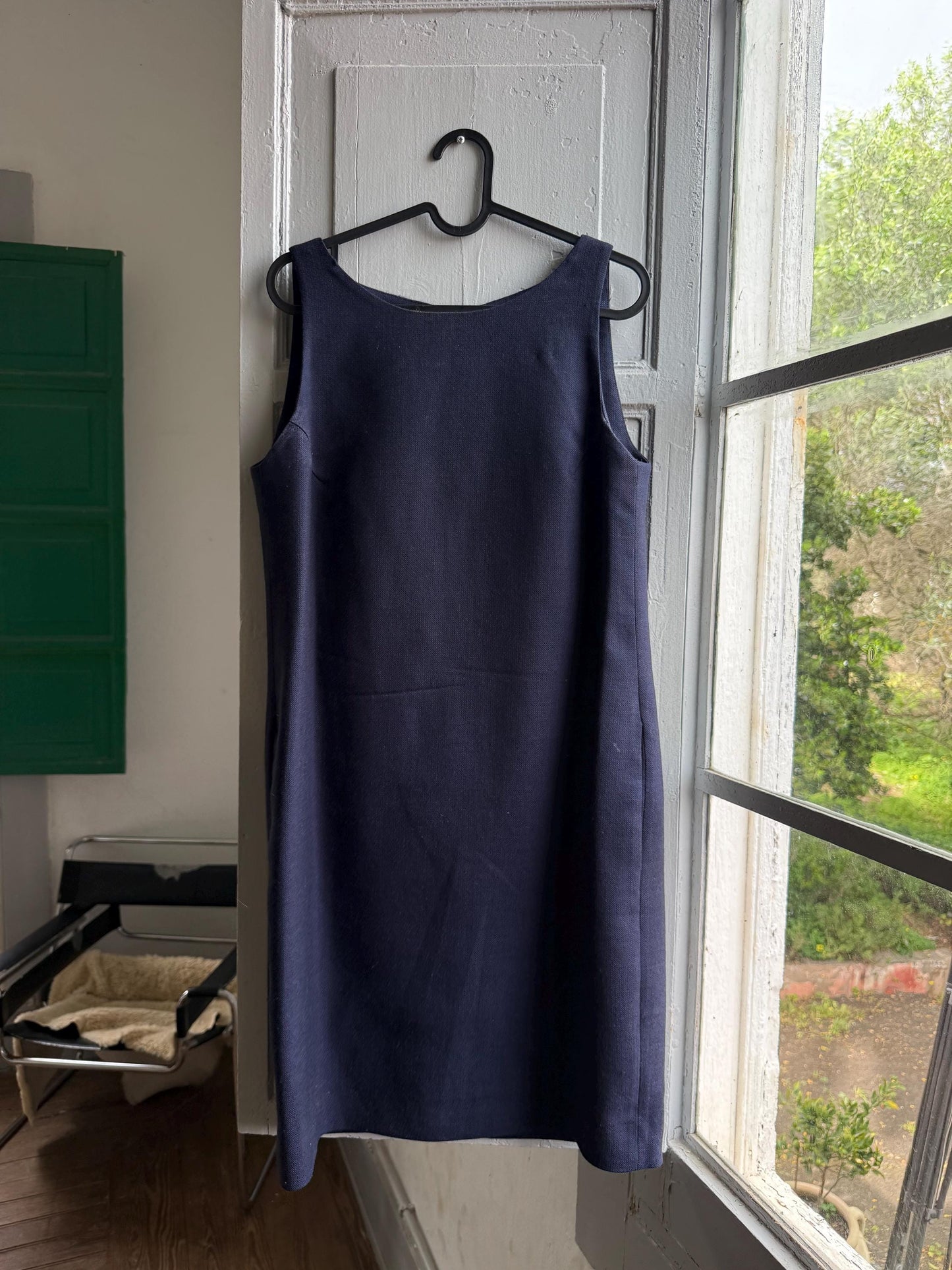 Navy Pure Wool A-Line Dress — back view