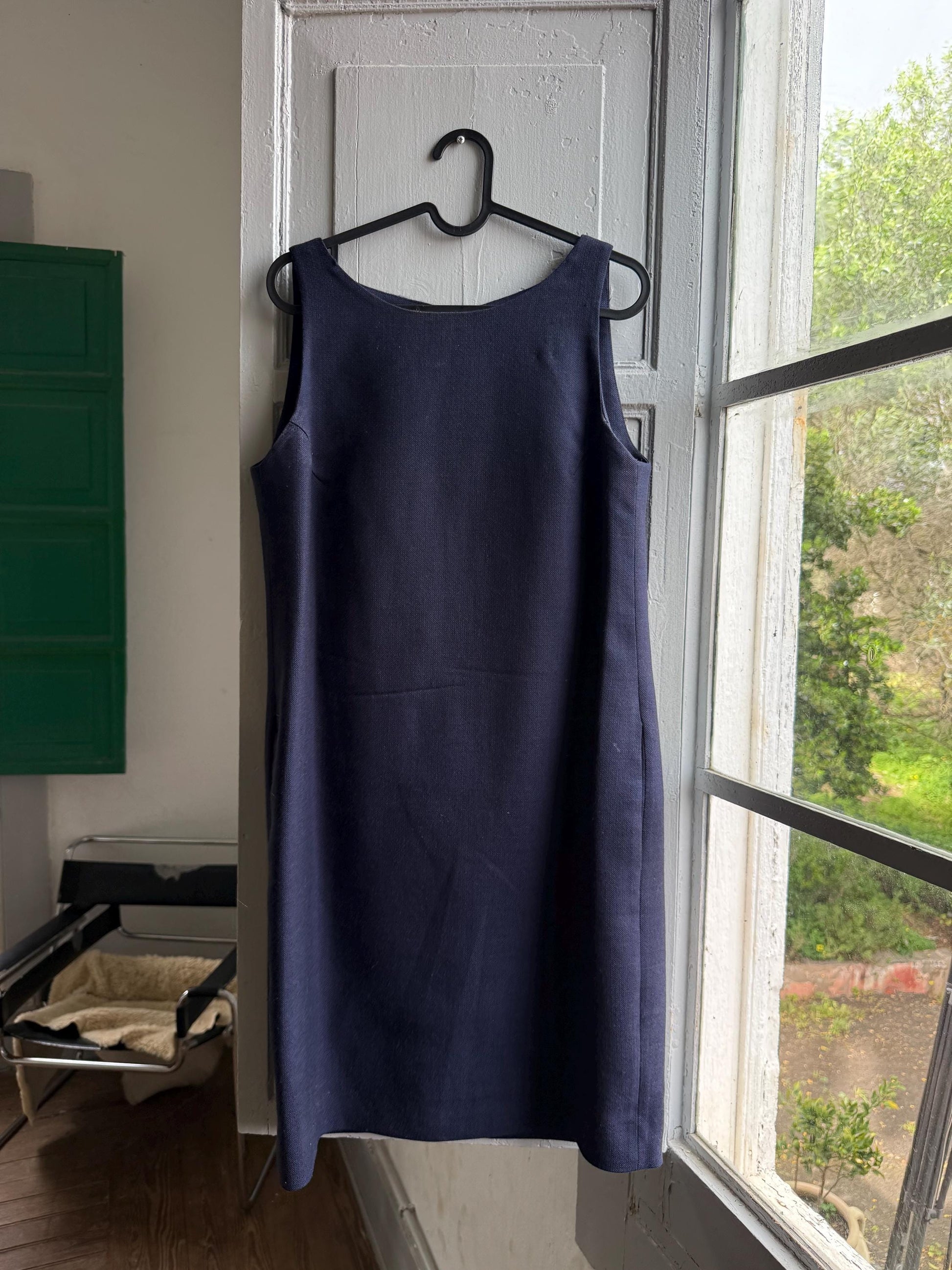 Navy Pure Wool A-Line Dress — back view