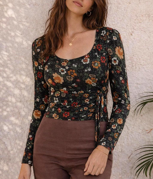 70s Black Lycra Floral Top