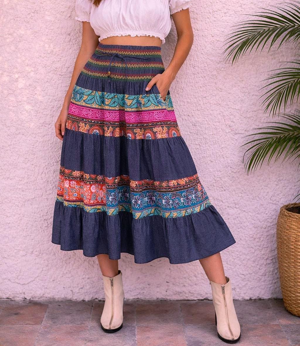 Floral Patchwork Maxi Skirt in Denim