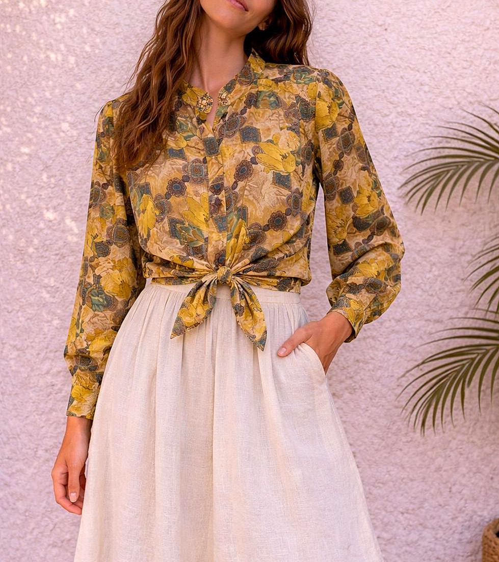 Retro Yellow Floral Blouse With Statement Button