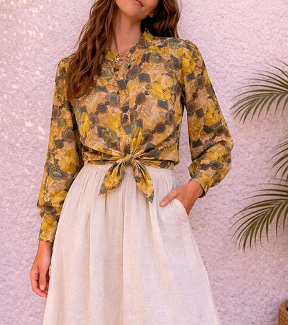 Retro Yellow Floral Blouse With Statement Button