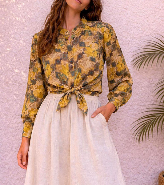 Vintage Floral Blouse in Yellow Botanical Print