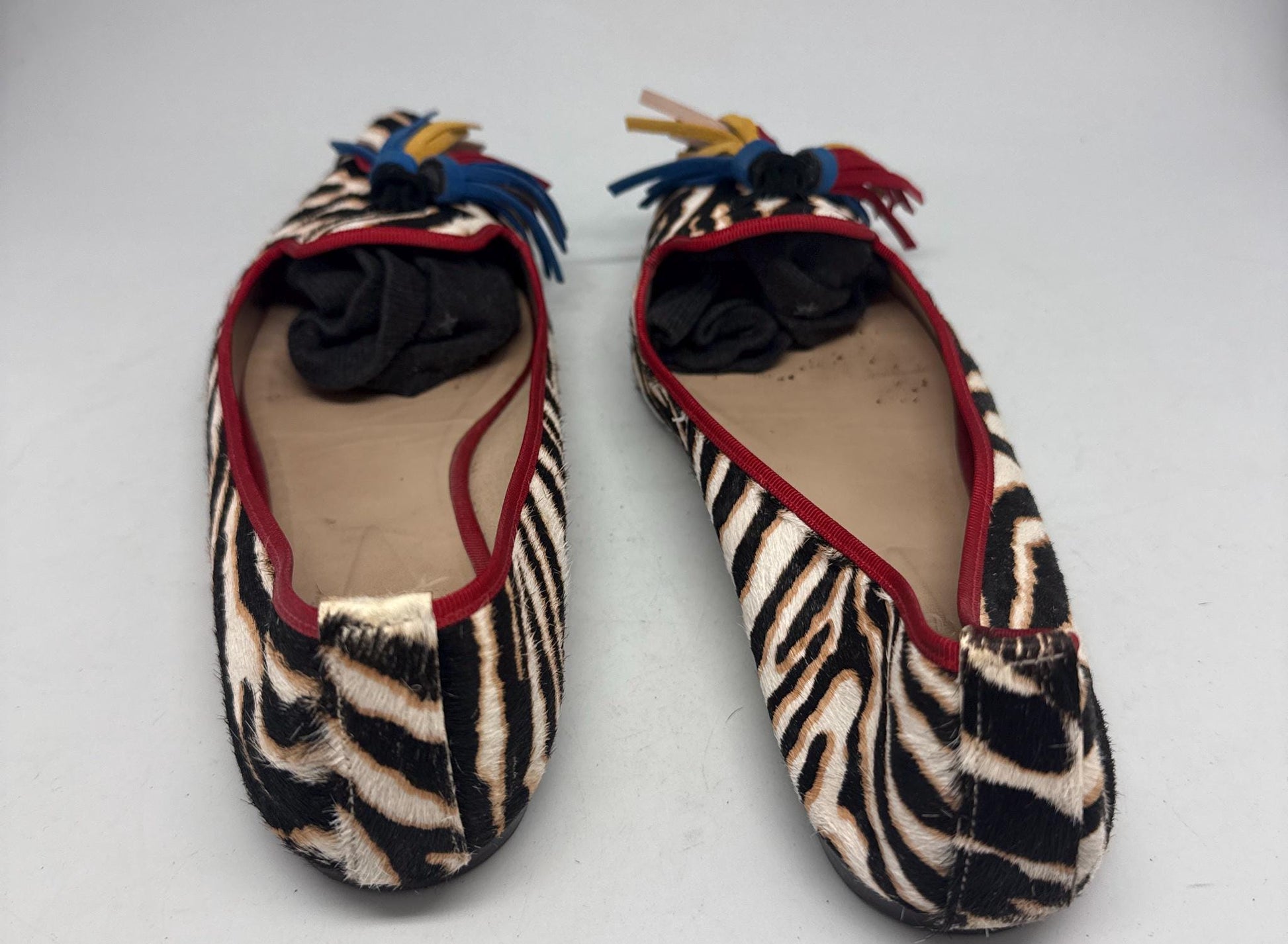 Zebra Leather Ruffled Loafers — fabric close-up
