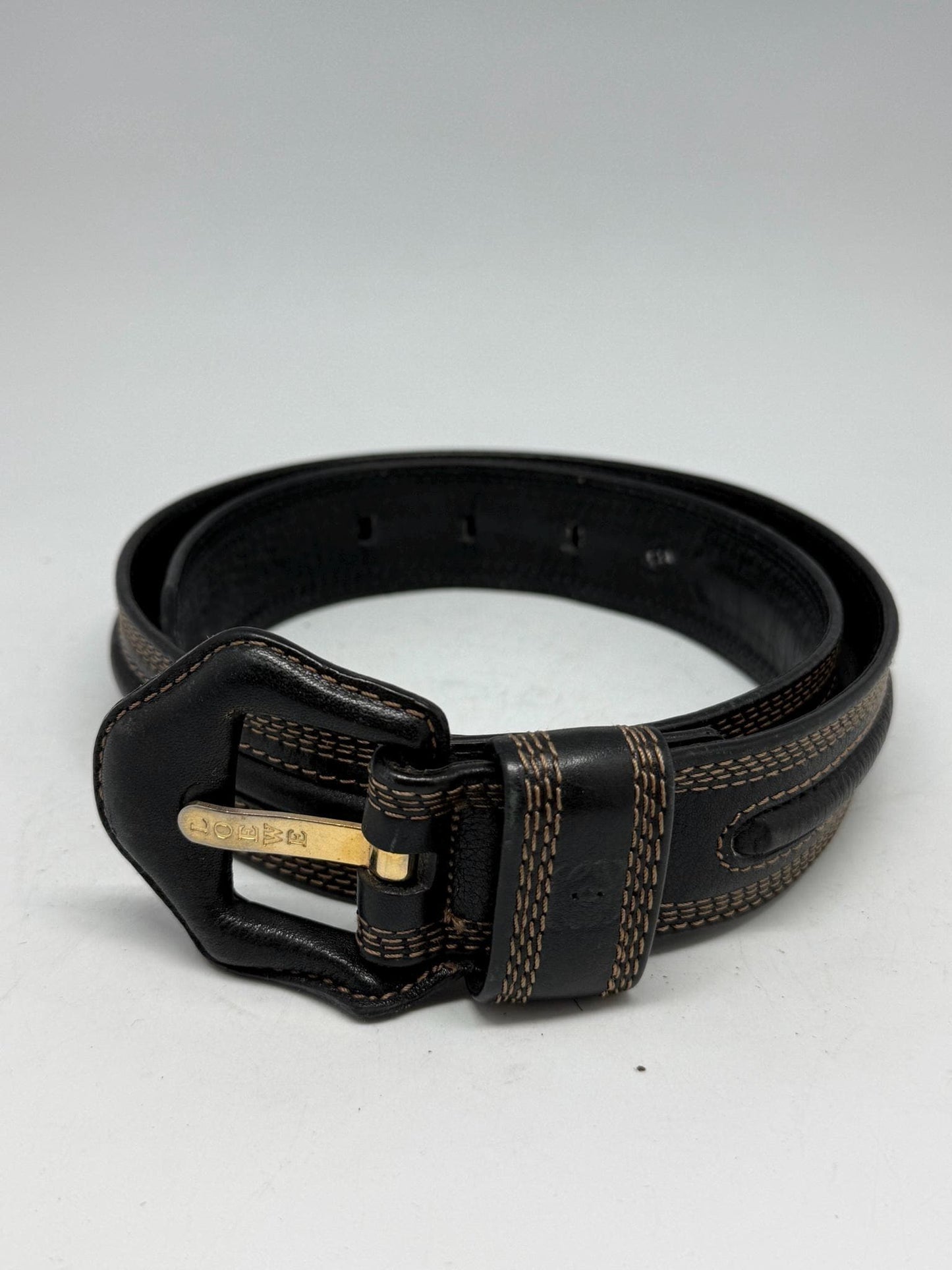 Vintage Black Leather Belt With Gold Buckle