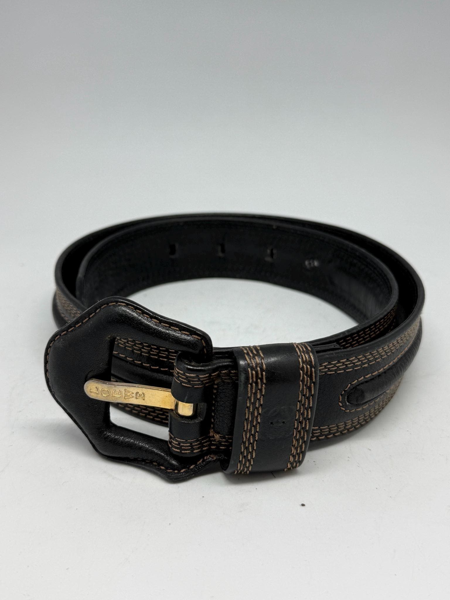 Vintage Black Leather Belt With Gold Buckle