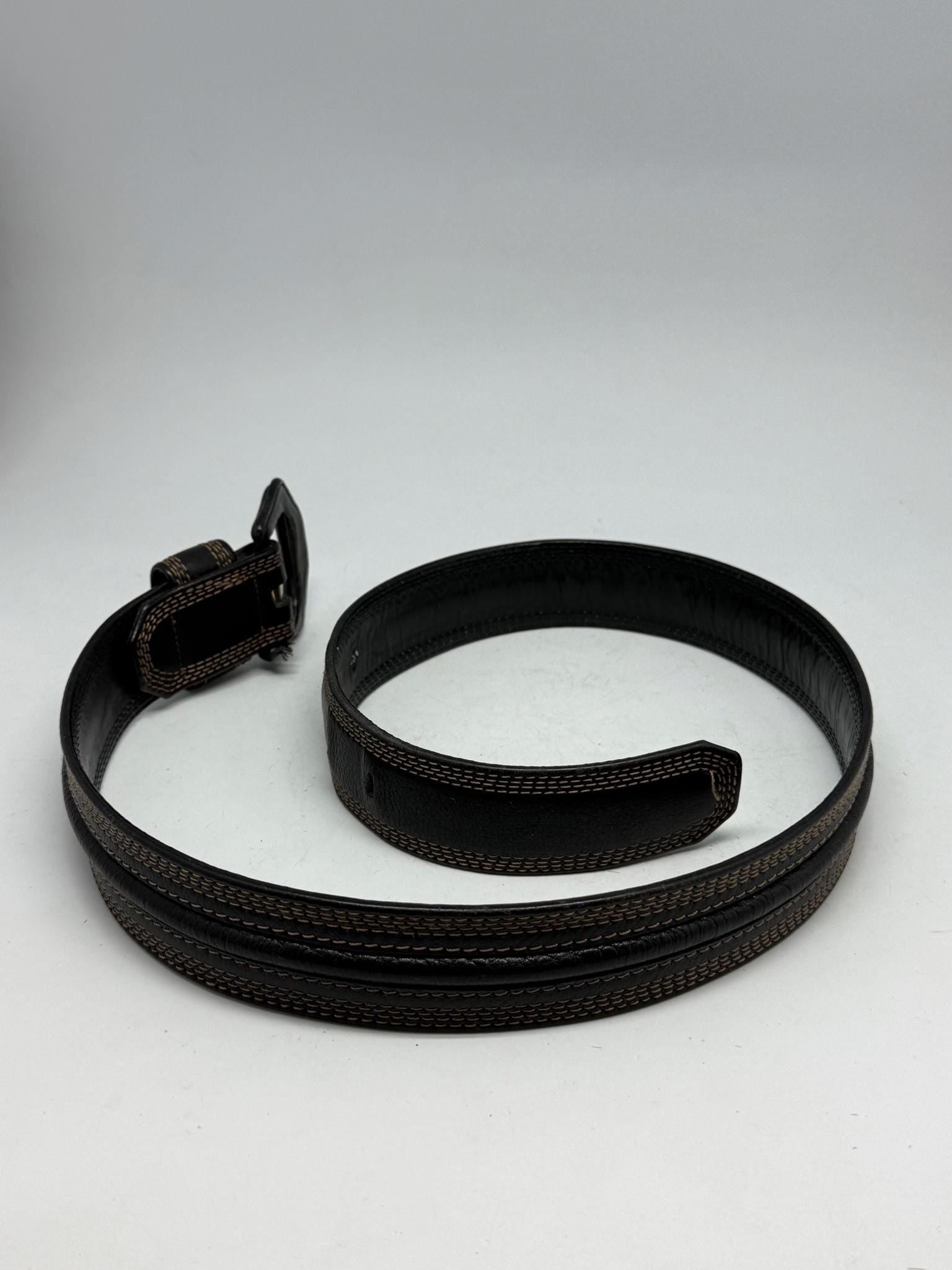 Vintage Black Leather Belt With Gold Buckle — fabric close-up