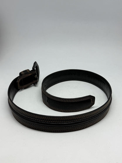 Vintage Black Leather Belt With Gold Buckle — fabric close-up