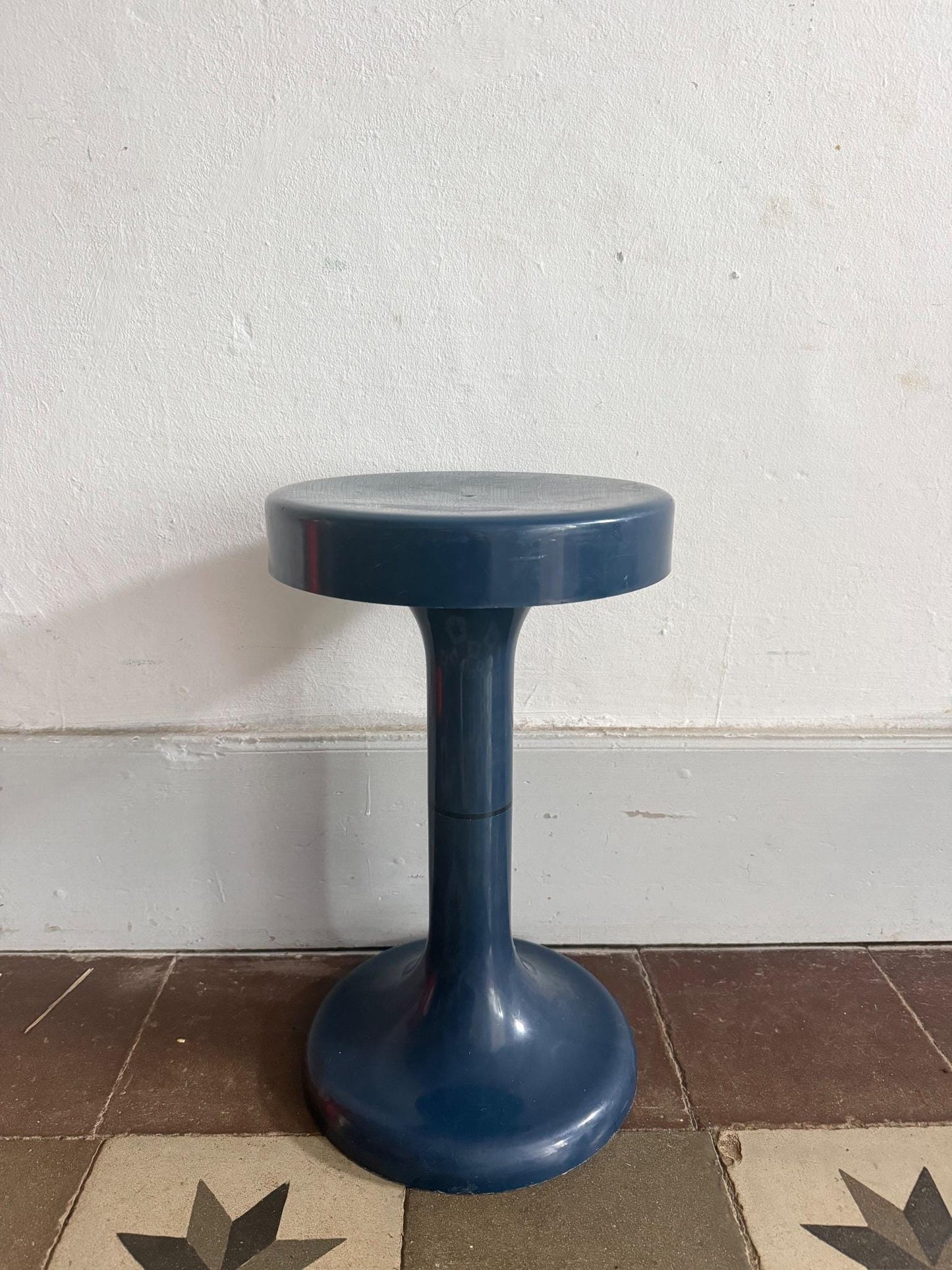 Vintage Blue Round Stool, Light Plastic — back view