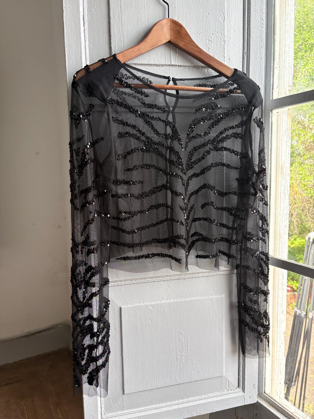 Sheer Black Sequin Top, Zebra Pattern Grunge Blouse XS-S