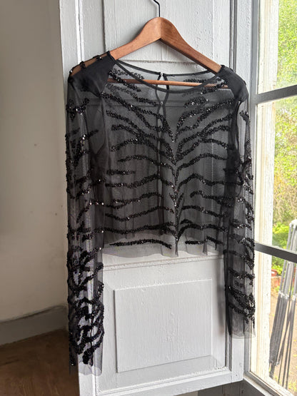 Sheer Black Sequin Top, Zebra Pattern Grunge Blouse XS-S