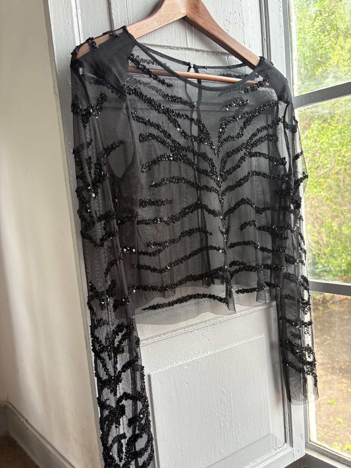 Sheer Black Sequin Top, Zebra Pattern Grunge Blouse XS-S