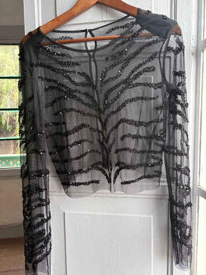 Sheer Black Sequin Top, Zebra Pattern Grunge Blouse XS-S