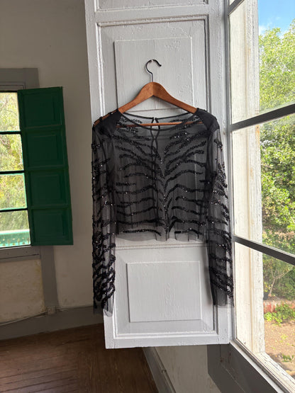 Sheer Black Sequin Top, Zebra Pattern Grunge Blouse XS-S