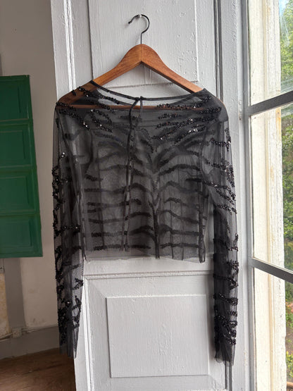 Sheer Black Sequin Top, Zebra Pattern Grunge Blouse XS-S