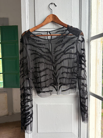 Sheer Black Sequin Top, Zebra Pattern Grunge Blouse XS-S