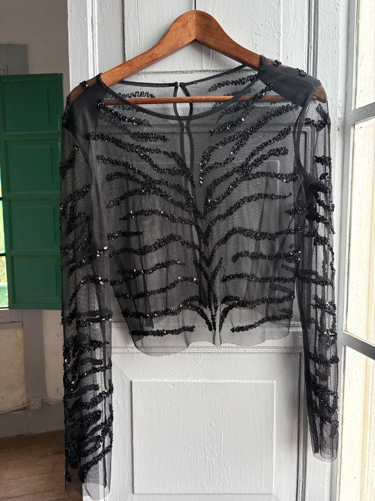 Sheer Black Sequin Top, Zebra Pattern Grunge Blouse XS-S
