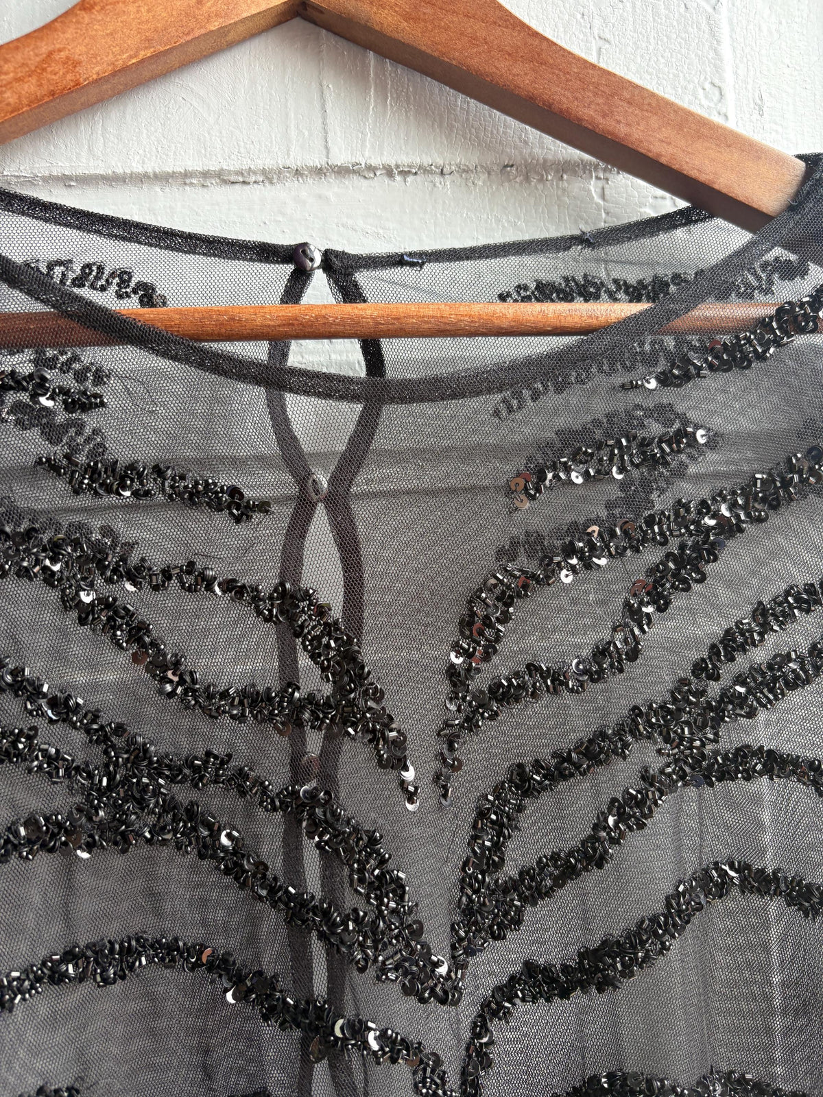Sheer Black Sequin Top, Zebra Pattern Grunge Blouse XS-S