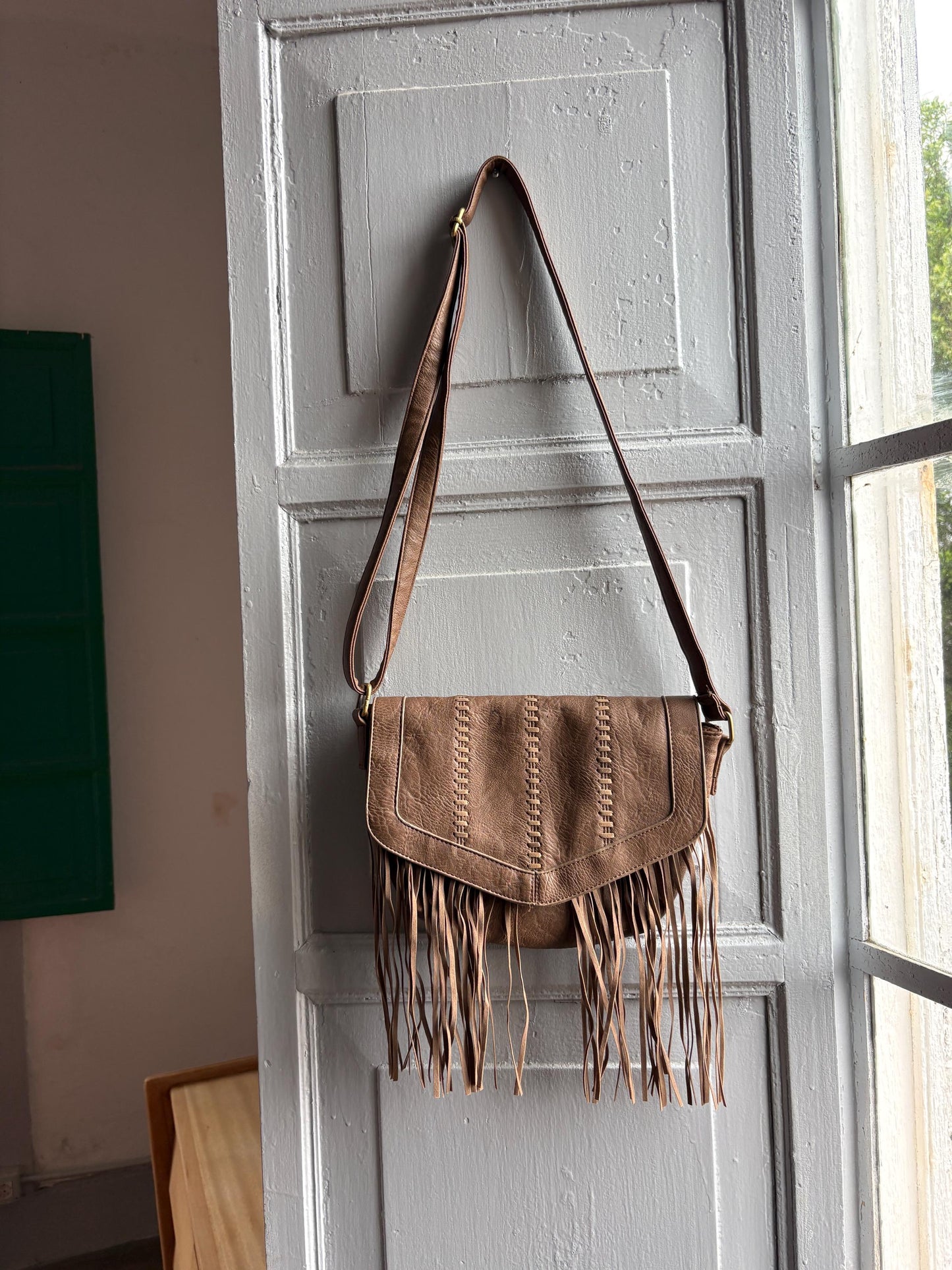 Secondhand boho  bag, faux leather, fringe detail, vegan friendly, festival crossbody purse