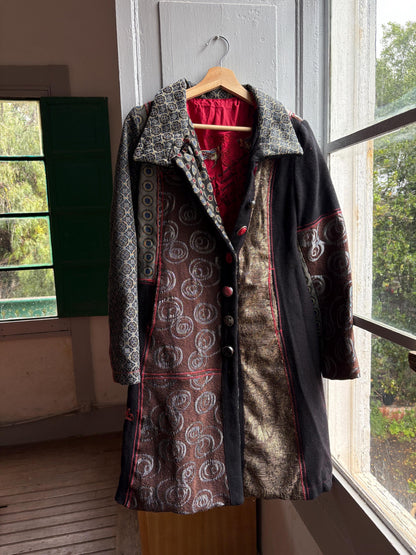Desigual wool patterned midi coat, eclectic black and gold long woman jacket