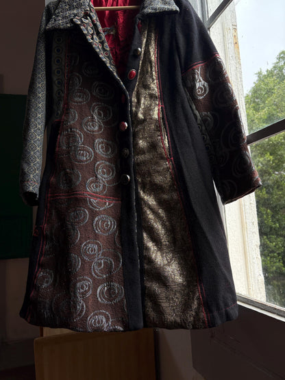 Eclectic Black And Gold Wool Midi Coat — detail