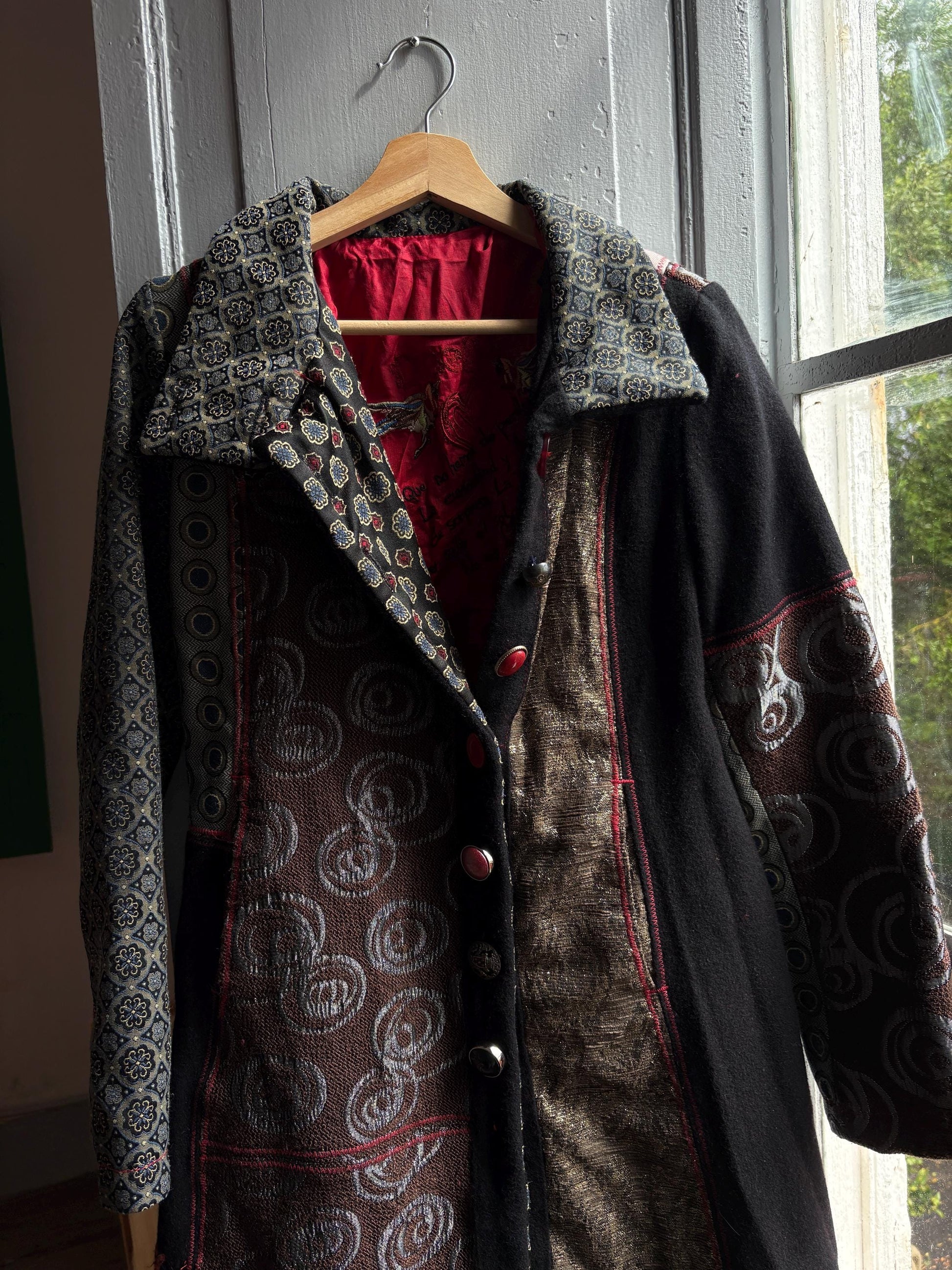 Eclectic Black And Gold Wool Midi Coat — back view