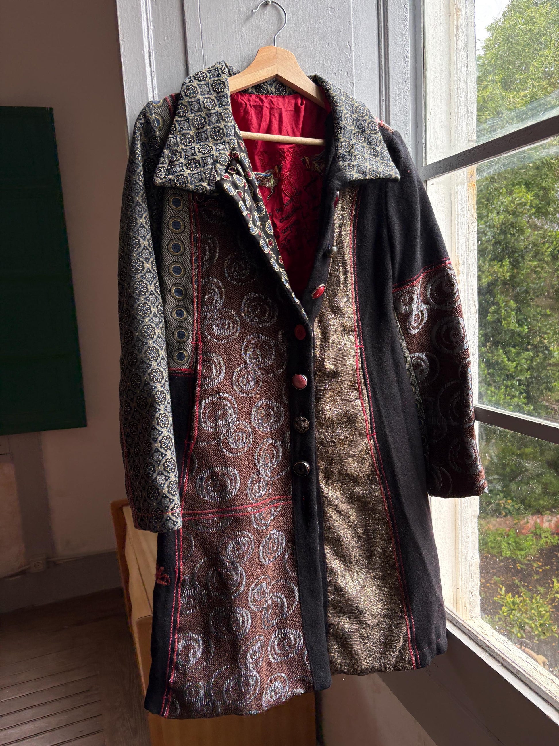 Eclectic Black And Gold Wool Midi Coat — additional view 8