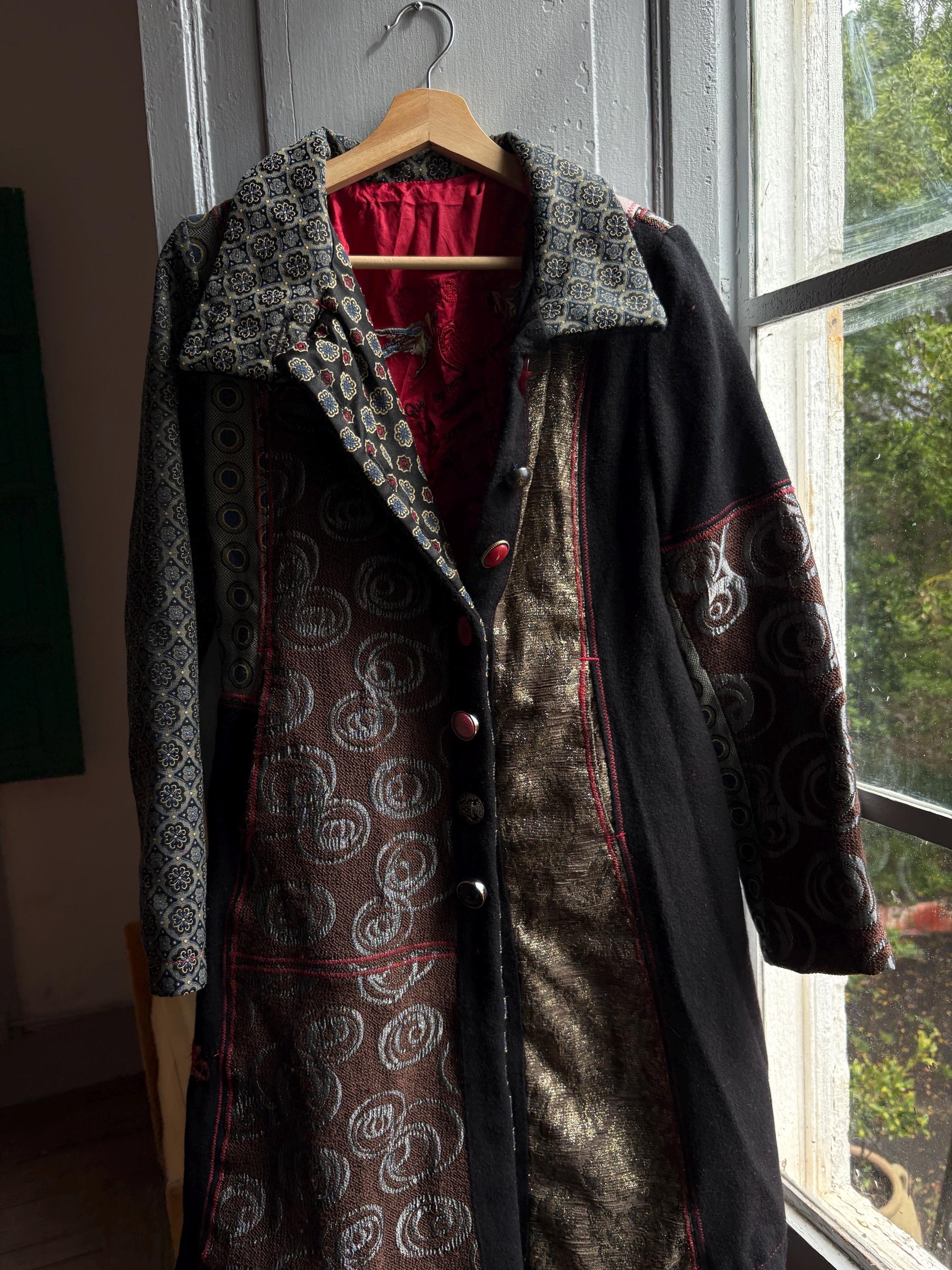 Eclectic Black And Gold Wool Midi Coat — additional view 10