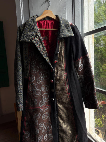 Eclectic Black And Gold Wool Midi Coat — additional view 10