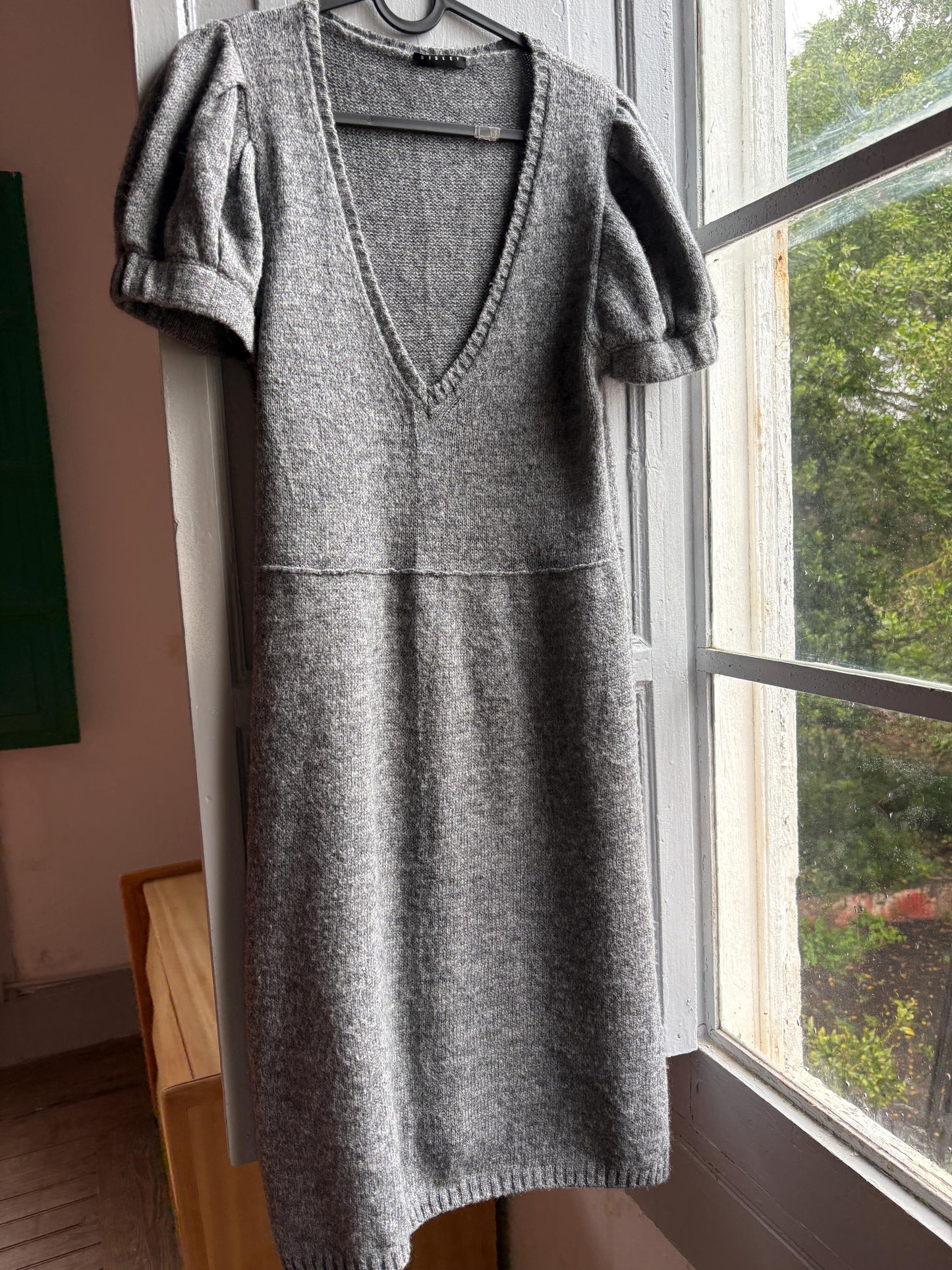Luxe grey knitted wool dress with v neck, Soft midi winter dress, Secondhand sustainable woman fashion