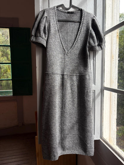 Luxe grey knitted wool dress with v neck, Soft midi winter dress, Secondhand sustainable woman fashion