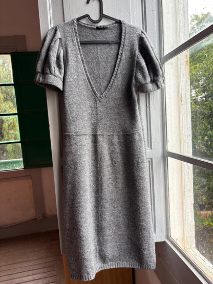 Luxe grey knitted wool dress with v neck, Soft midi winter dress, Secondhand sustainable woman fashion