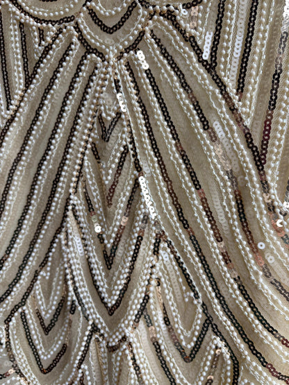 Cream white 20s inspired sequin dress, Art Deco style with fringe hem, cocktail party sparkly dress, New years eve outfit, size M