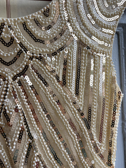 Cream white 20s inspired sequin dress, Art Deco style with fringe hem, cocktail party sparkly dress, New years eve outfit, size M