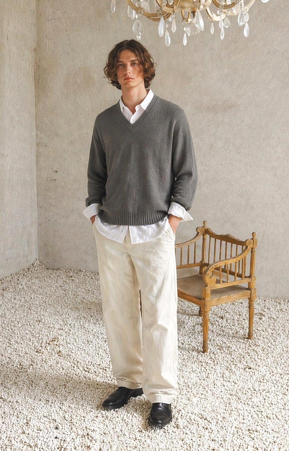 Vintage Grey V-Neck Wool Blend Sweater