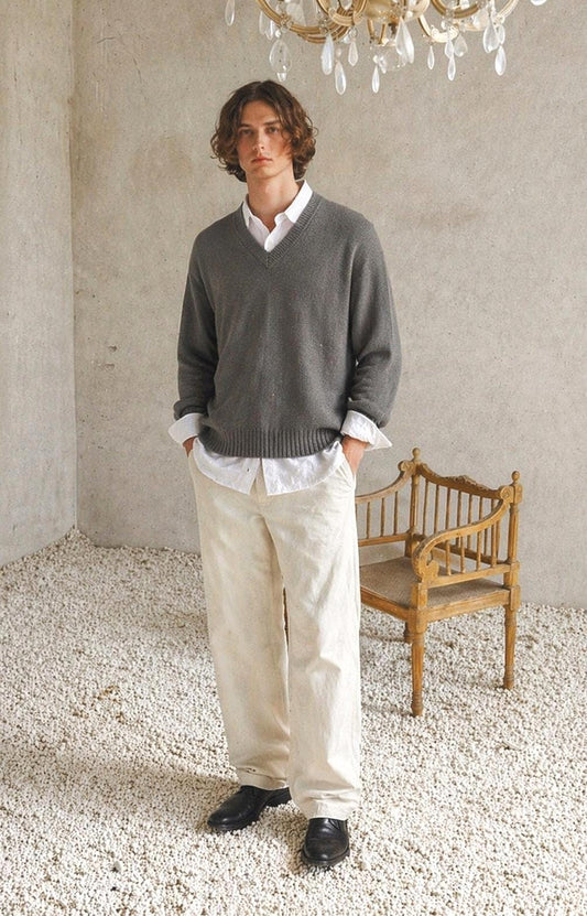 Vintage Grey V-Neck Wool Blend Sweater