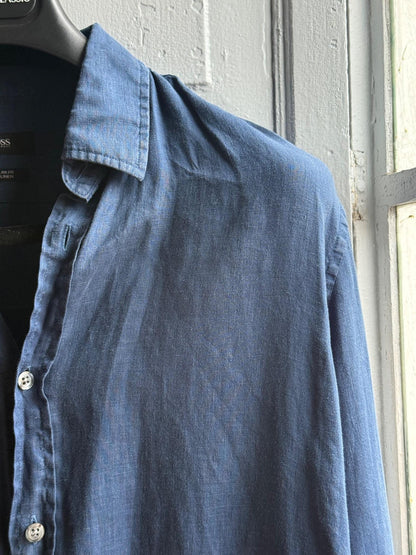 Vintage Hugo Boss Blue Linen Shirt — fabric close-up