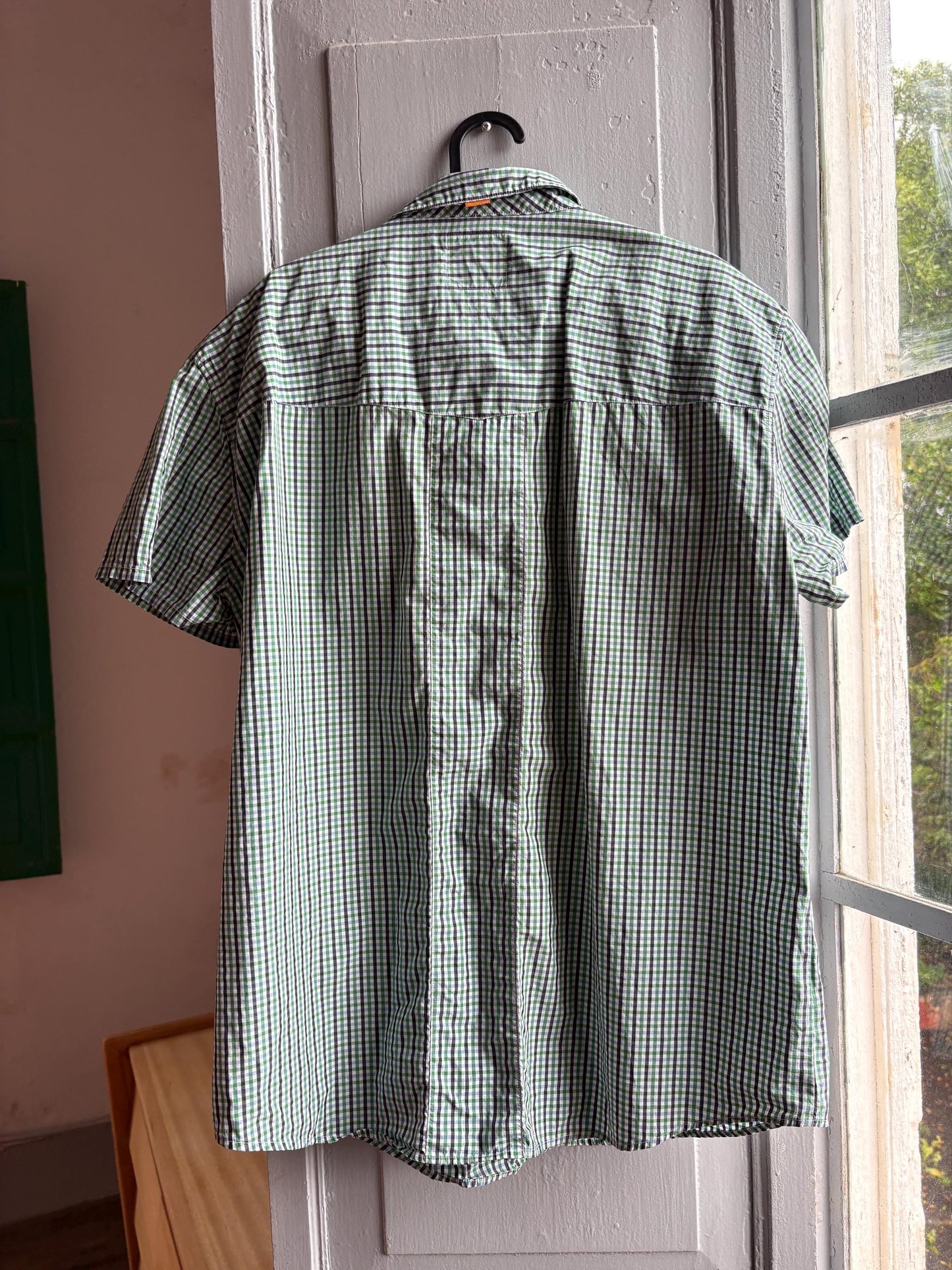 Green Check Cotton Summer Shirt for Men — back view