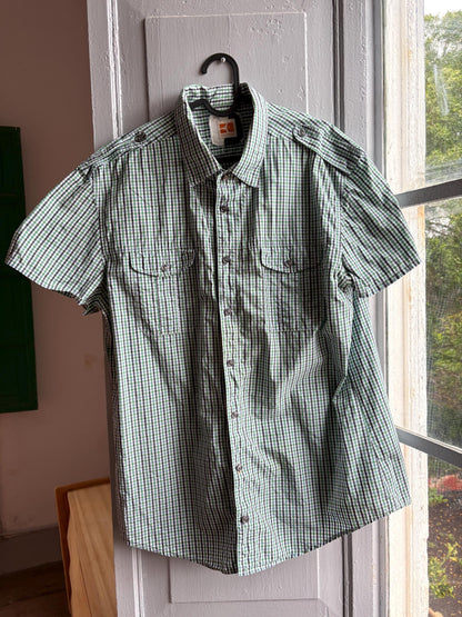 Boss Orange green check Men button down summer shirt, Cotton short sleeve checkered branded menswear, L