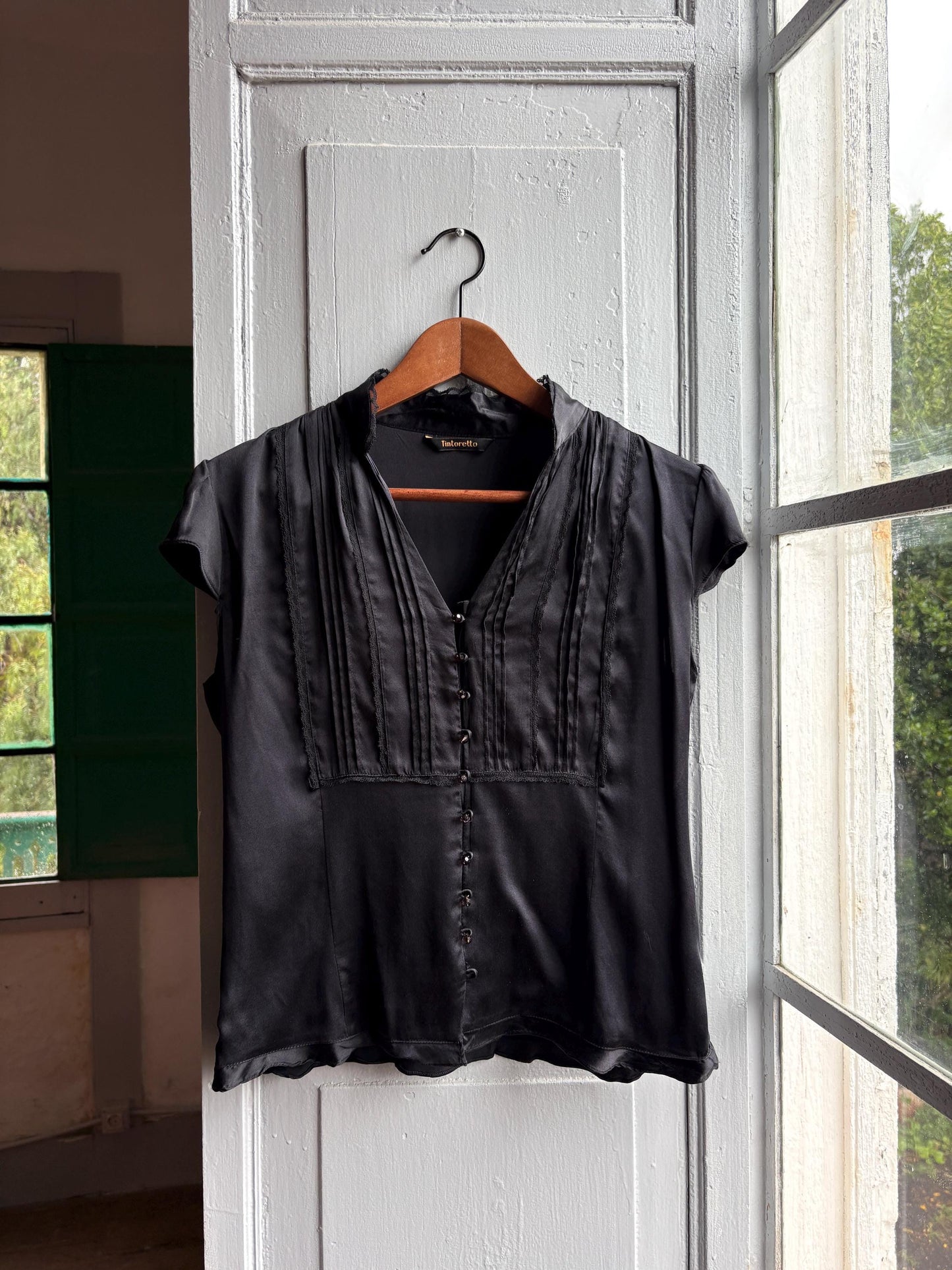 Black Silk Vintage Evening Blouse — fabric close-up