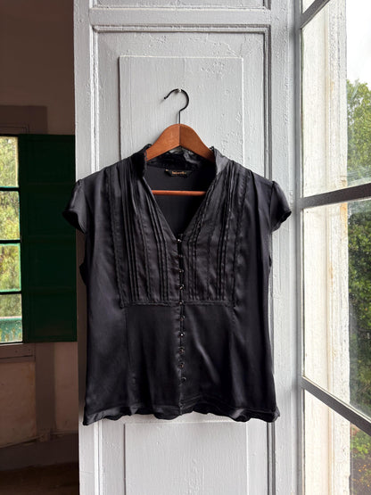 Black Silk Vintage Evening Blouse — fabric close-up