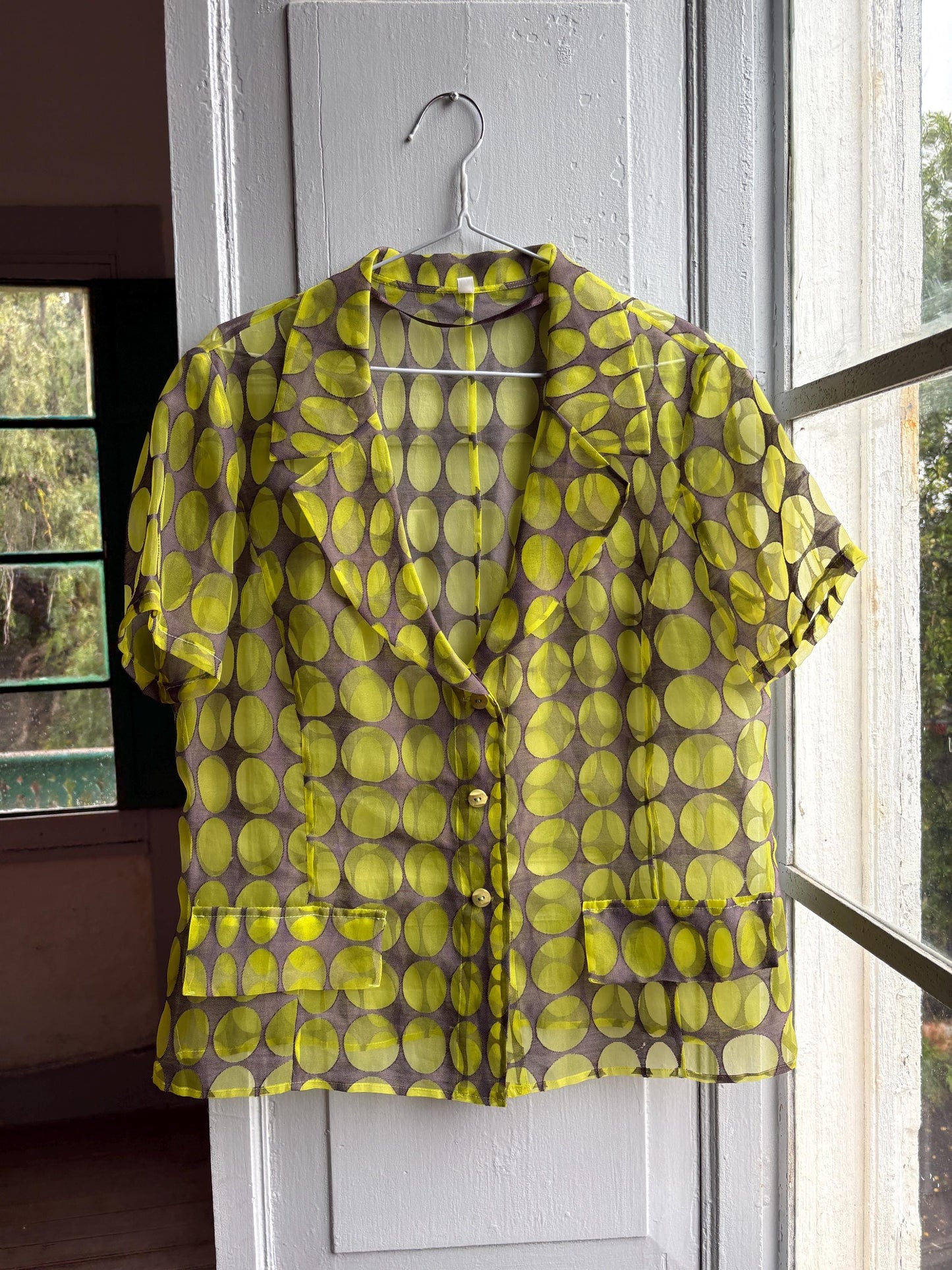 Vintage 70s Sheer Green Polka Dot Blouse — additional view 7