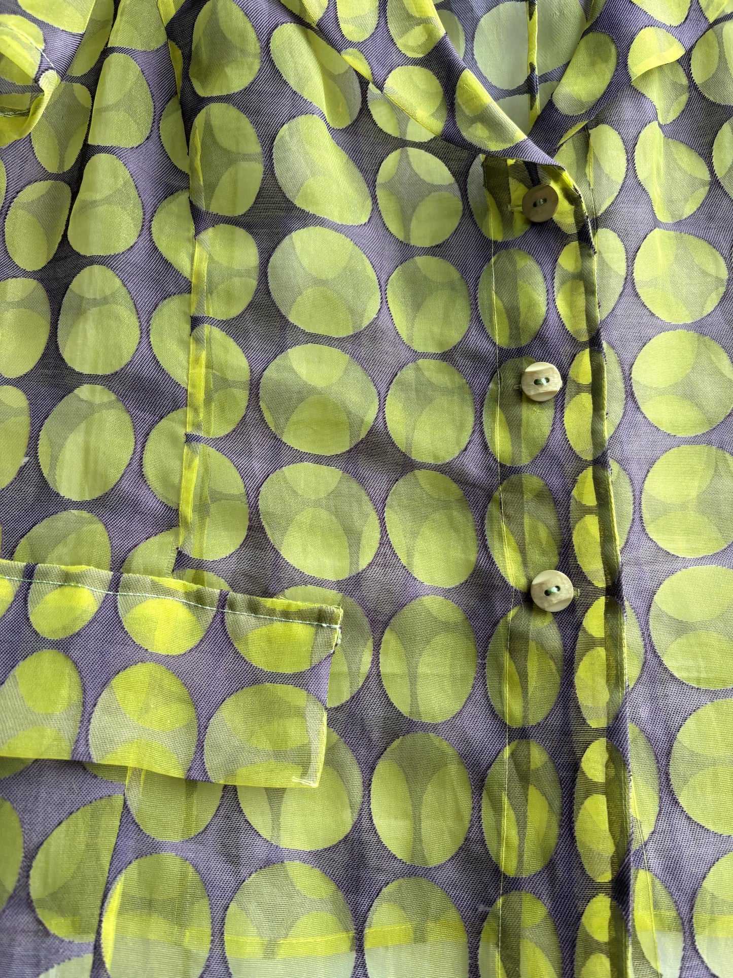 Groovy green polka dot shirt, sheer fabric, vintage 70s woman blouse, Size L