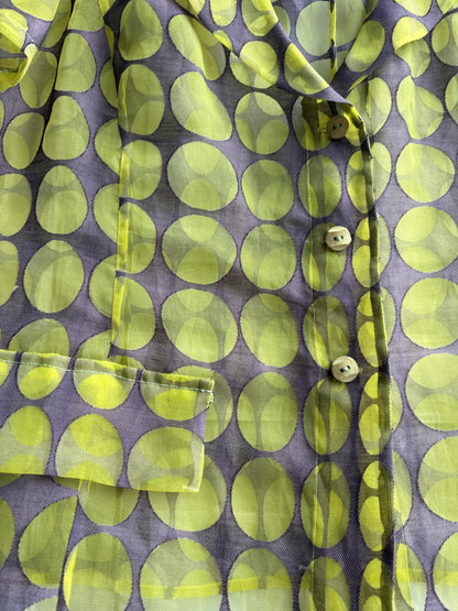 Groovy green polka dot shirt, sheer fabric, vintage 70s woman blouse, Size L