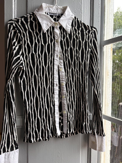Vintage Black and White Y2K Button-Up Blouse — back view