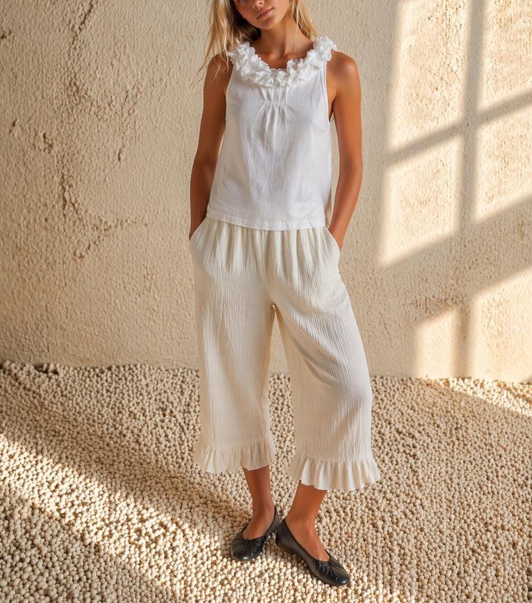 White Cotton Ruffled Neckline Camisole