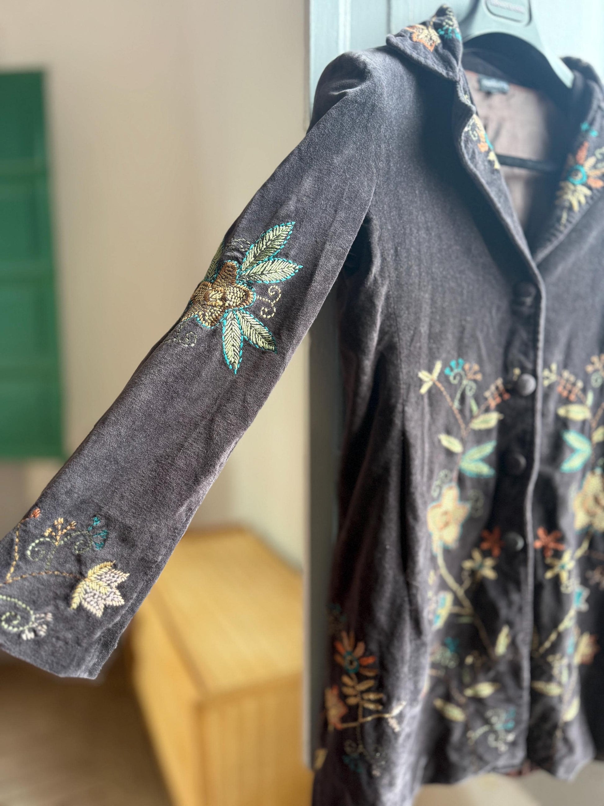 Bohemian Floral Velvet Midi Coat — back view
