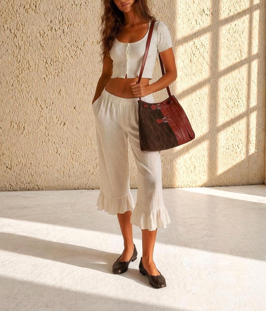 Brown Suede Pleated Crossbody Bag