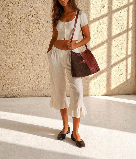 Brown Suede Pleated Crossbody Bag